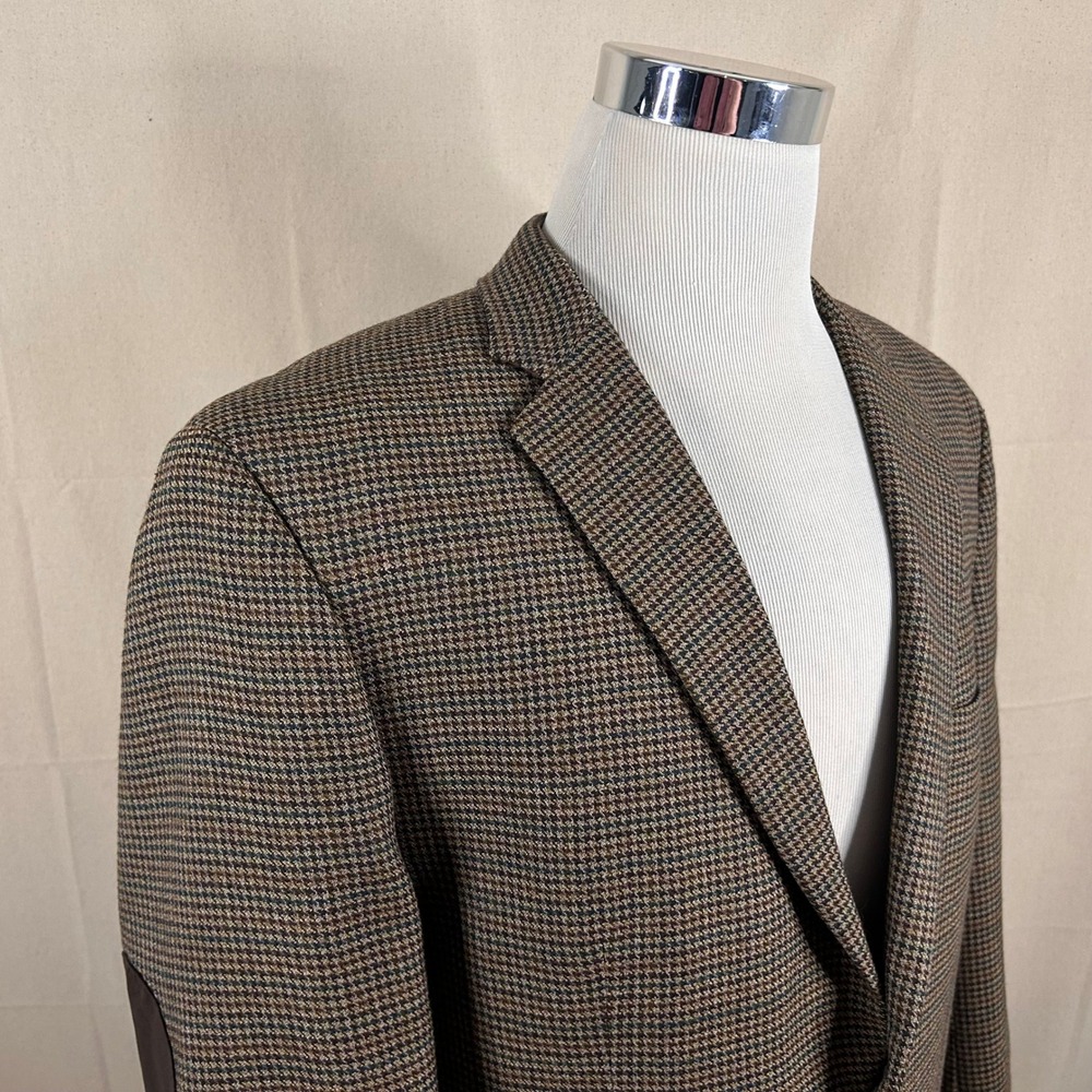 Tasso Elba 42R Sport Coat 100% Wool Brown Houndstooth Elbow Patches Two Button